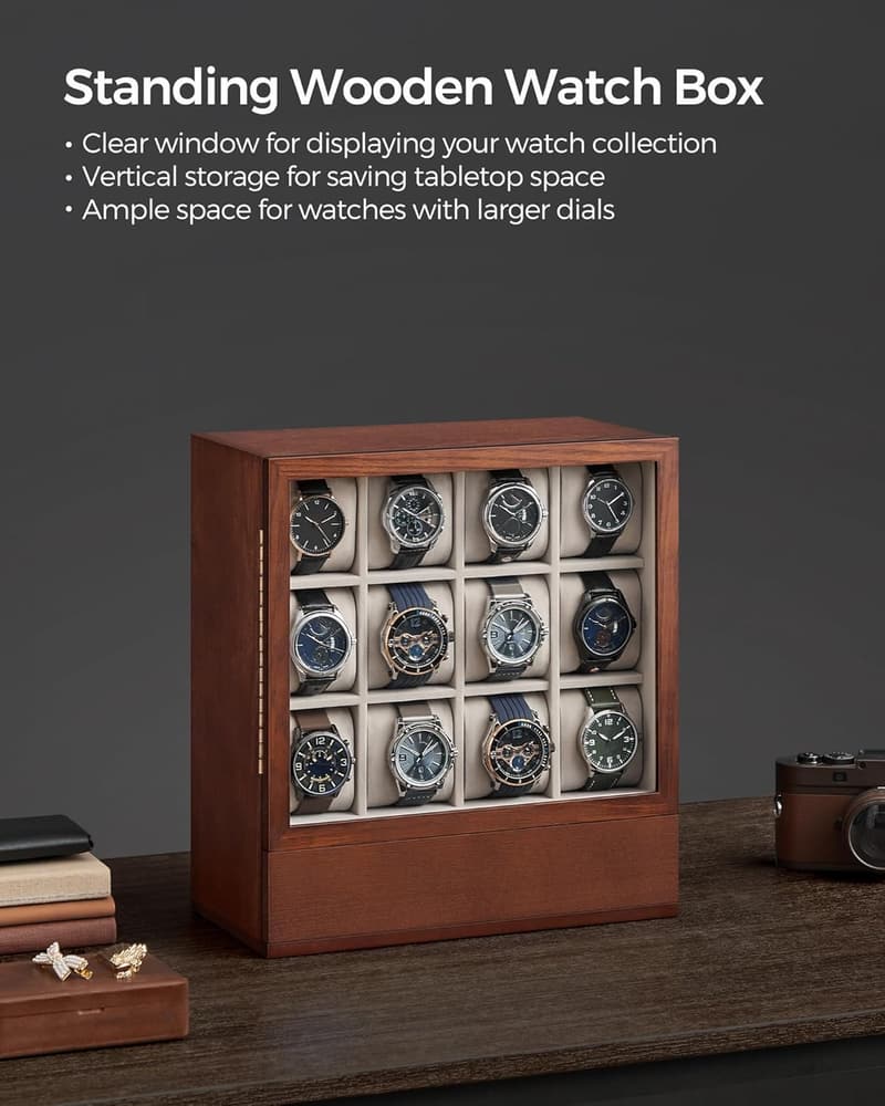 Watch Display Case with Window, 12-Slot Solid Wood - Coffee Brown