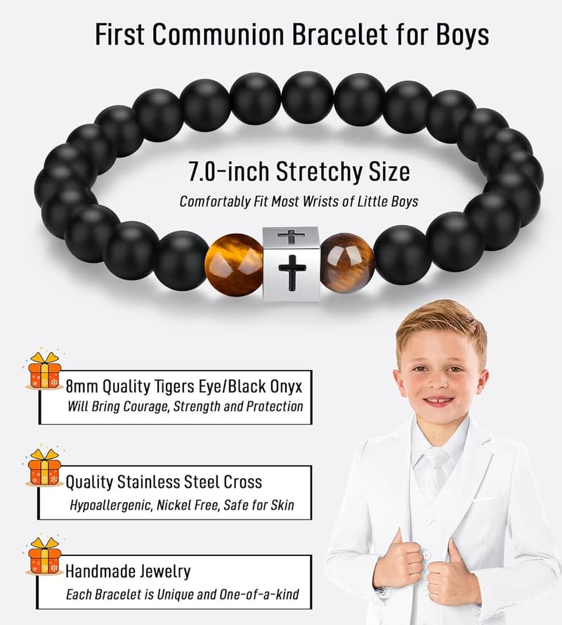 First Communion Cross Bracelet for Boys with Card