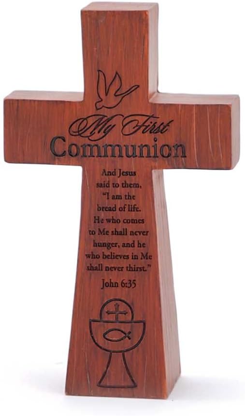 First Communion Woodgrain Resin Stone Tabletop Cross