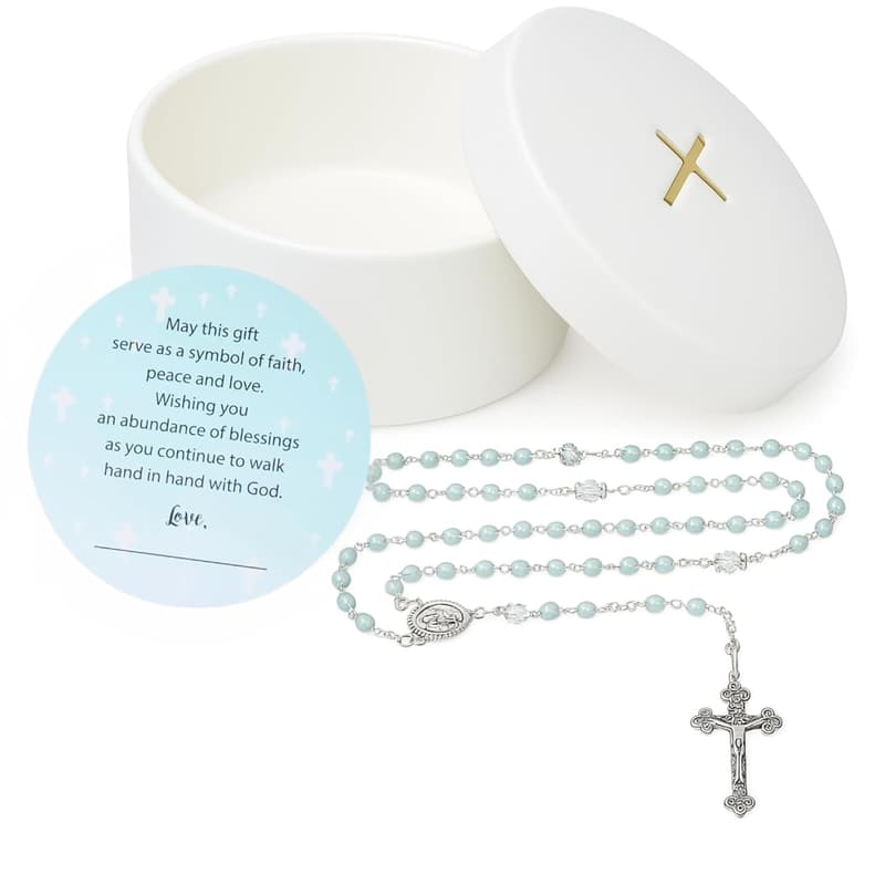 Baptism Gift for Boys - First Rosary with Ceramic Box and Card