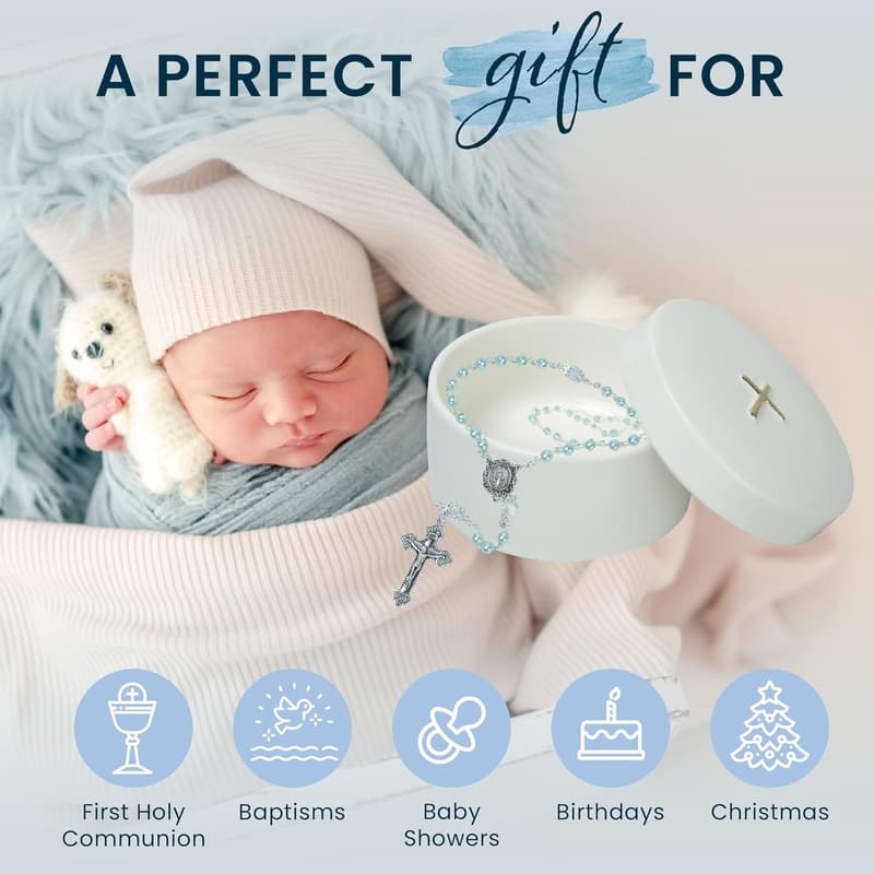 Baptism Gift for Boys - First Rosary with Ceramic Box and Card