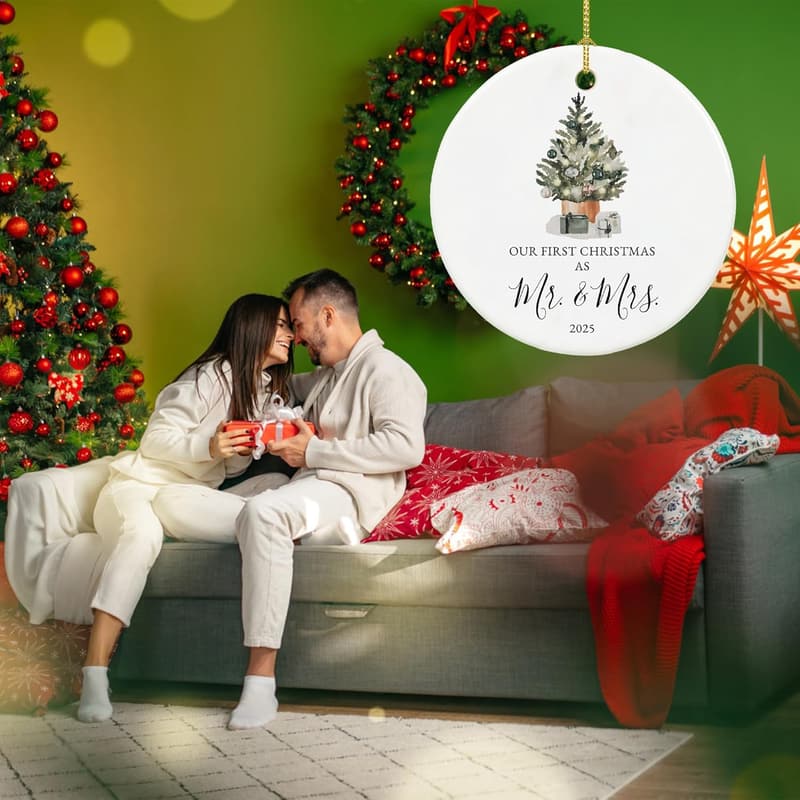 First Christmas Married Ornament 2025, Ceramic Keepsake for Couples