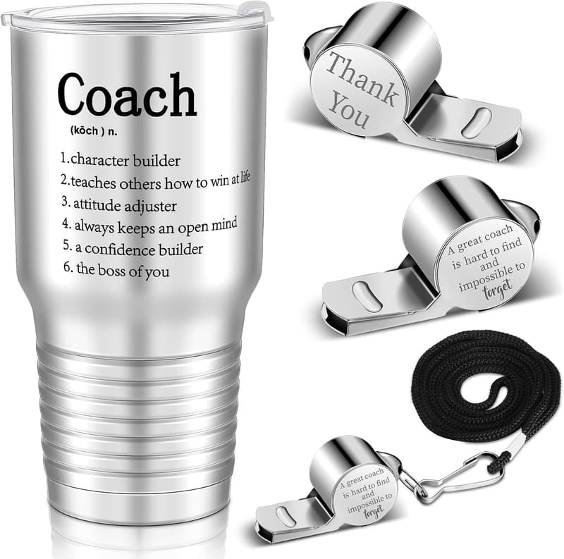 Coach Gift Set: 2 Stainless Steel Travel Tumblers with Whistles