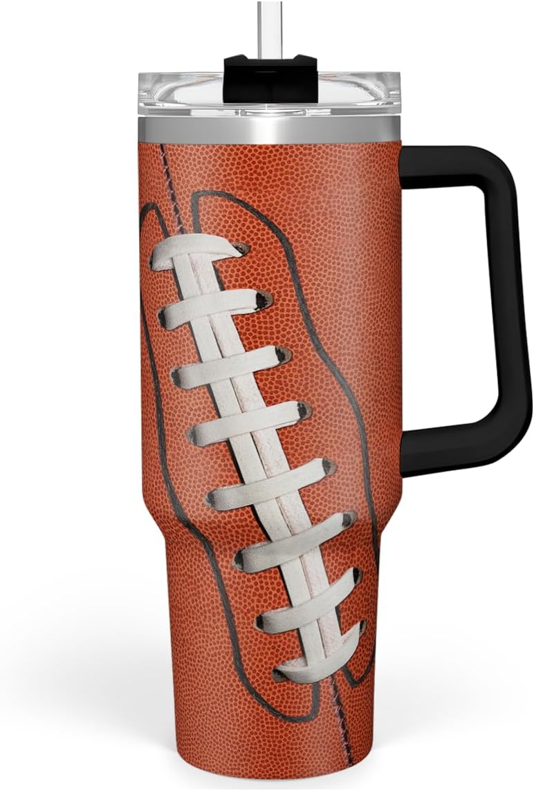 40oz Insulated Stainless Steel Football Tumbler with Lid & Straw