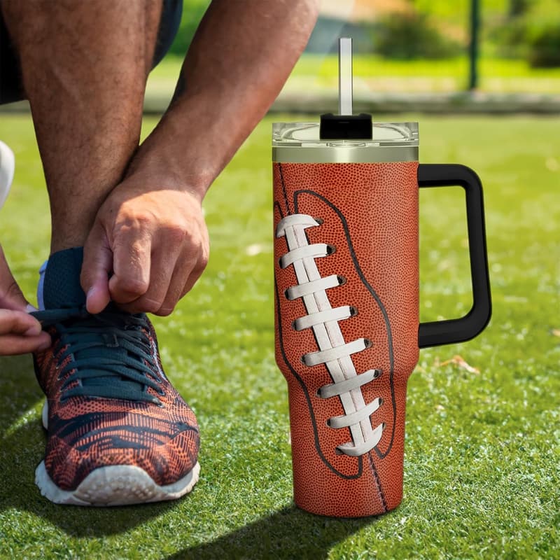 40oz Insulated Stainless Steel Football Tumbler with Lid & Straw