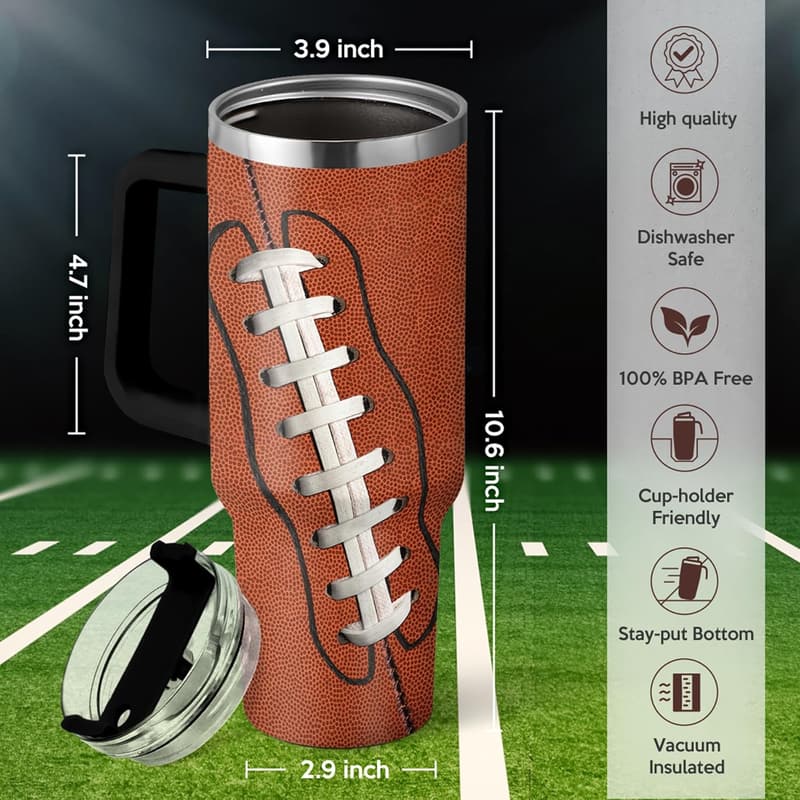 40oz Insulated Stainless Steel Football Tumbler with Lid & Straw