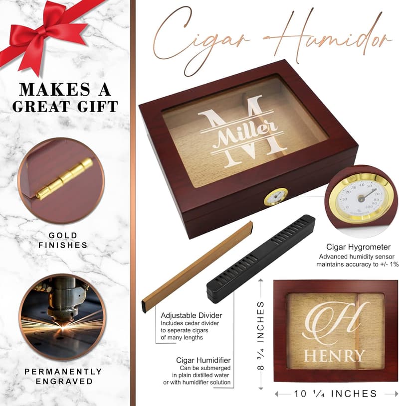 Personalized Rosewood Cigar Humidor Box Gift Set