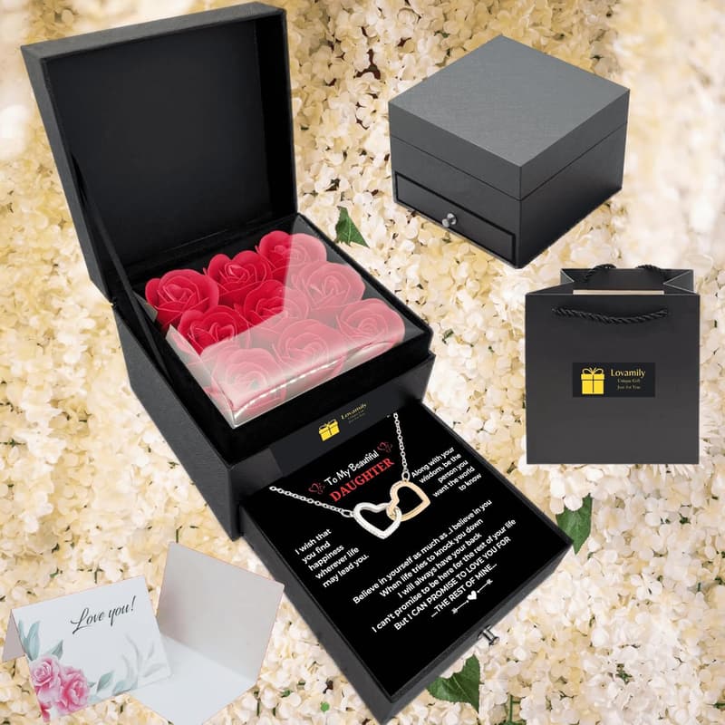Daughter Necklace Gift - Interlock Heart Pendant in Rose Box