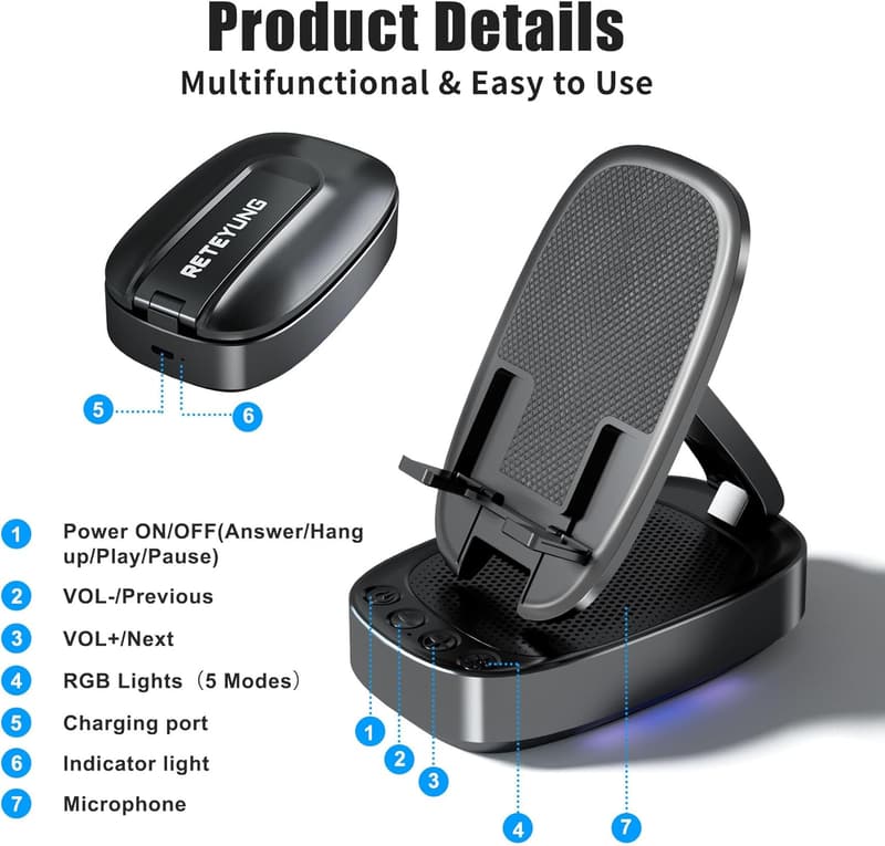 Bluetooth Phone Stand Speaker with LED Light for Men