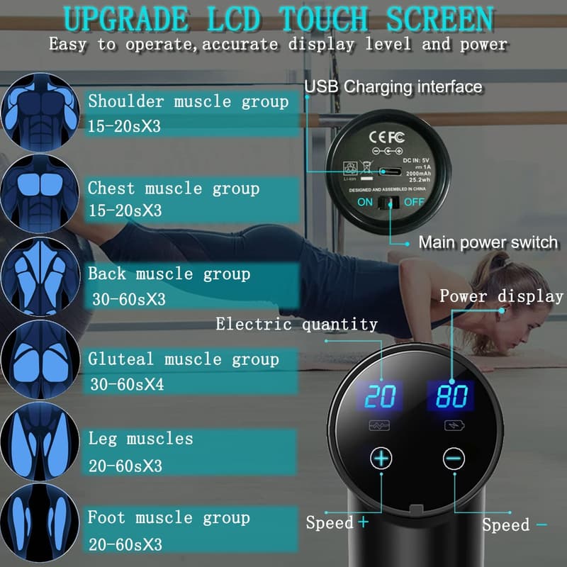 Deep Tissue Massage Gun for Athletes - 20 Speeds, 8 Heads