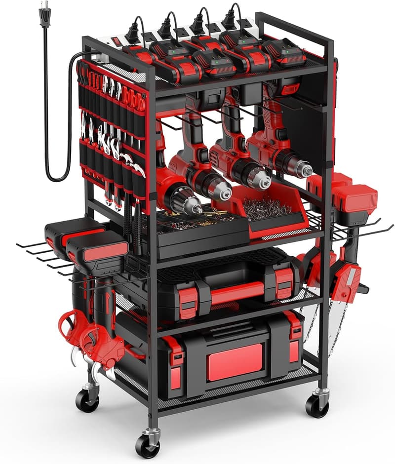 Heavy-Duty Tool Organizer Cart with Charging Station, Red