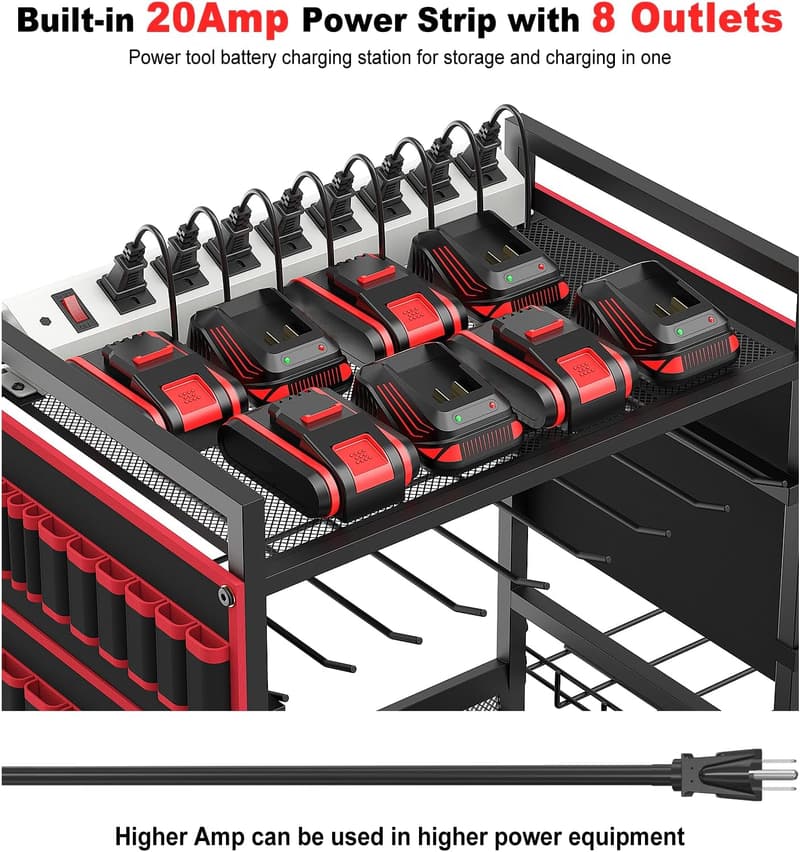 Heavy-Duty Tool Organizer Cart with Charging Station, Red
