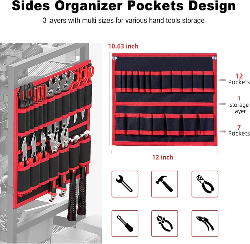 Heavy-Duty Tool Organizer Cart with Charging Station, Red