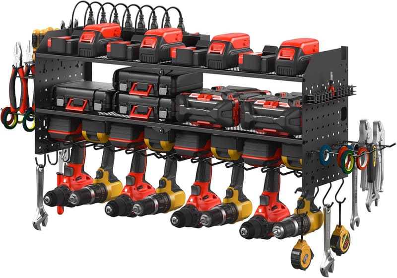 Wall-Mounted Tool Organizer with Charging Station and Power Strip
