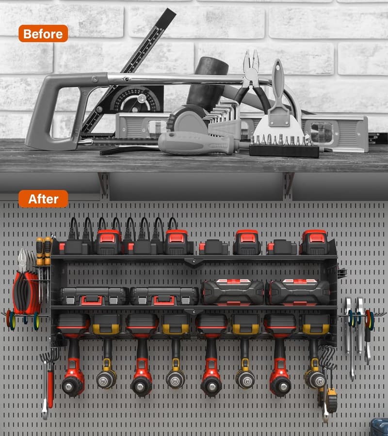 Wall-Mounted Tool Organizer with Charging Station and Power Strip