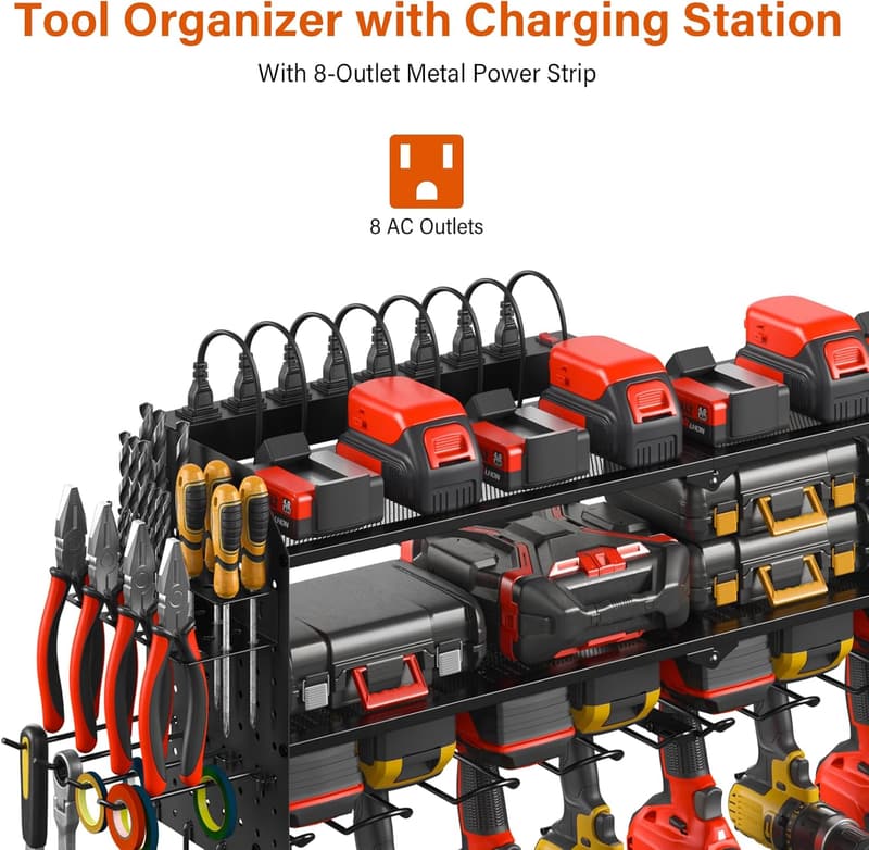 Wall-Mounted Tool Organizer with Charging Station and Power Strip
