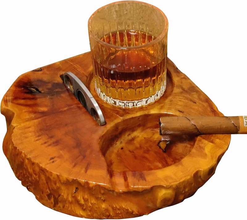 Cigar Accessory Set with Wooden Ashtray & Whiskey Glass Tray