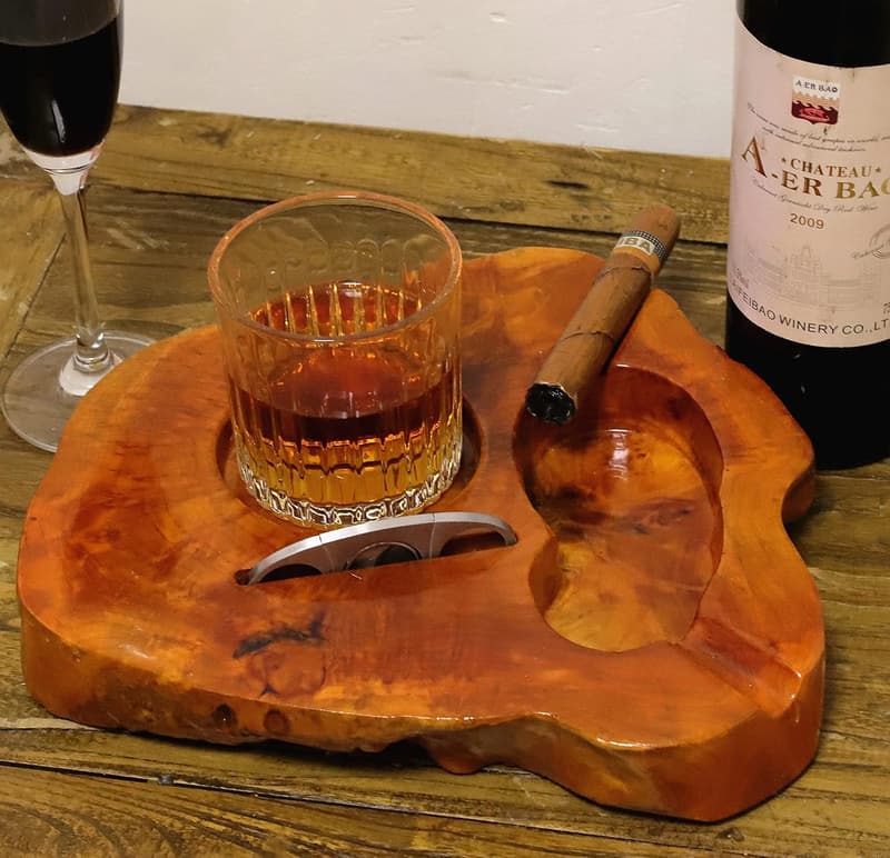 Cigar Accessory Set with Wooden Ashtray & Whiskey Glass Tray