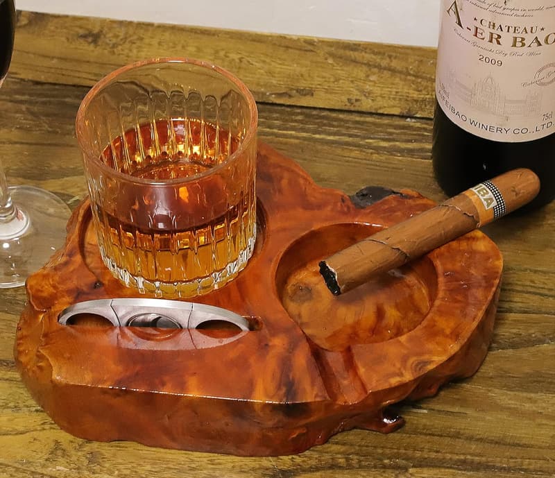 Cigar Accessory Set with Wooden Ashtray & Whiskey Glass Tray