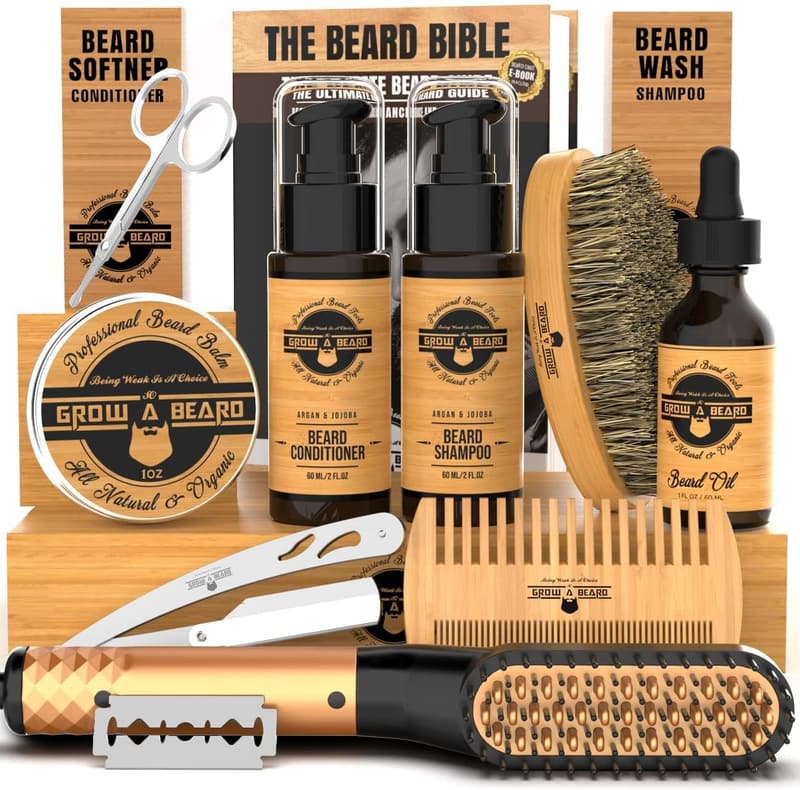 Men's Beard Grooming Kit with Straightener, Oil & Accessories