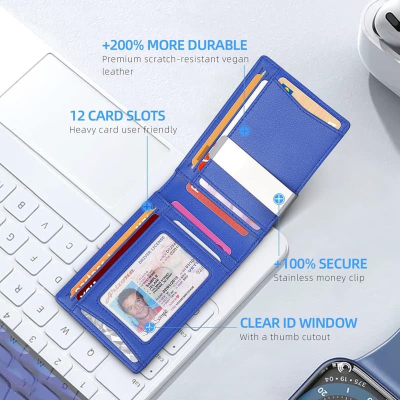 Men's Slim Leather Bifold Wallet with Money Clip and RFID Blocking