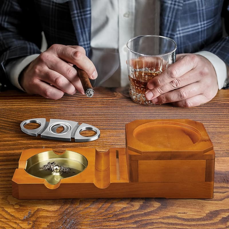 Cigar Ashtray Gift Set with Cutter and Whiskey Glass Tray for Men