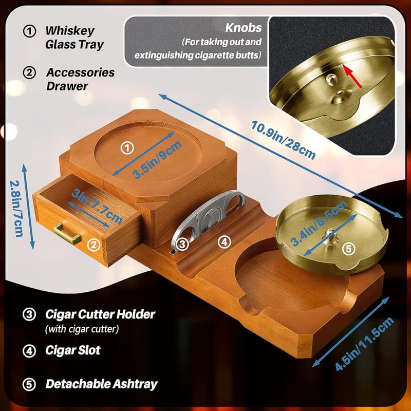 Cigar Ashtray Gift Set with Cutter and Whiskey Glass Tray for Men