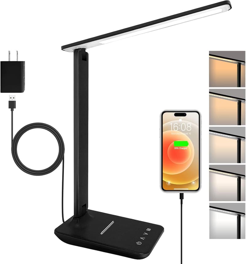 Adjustable Dimmable LED Desk Lamp with USB Charging - Black