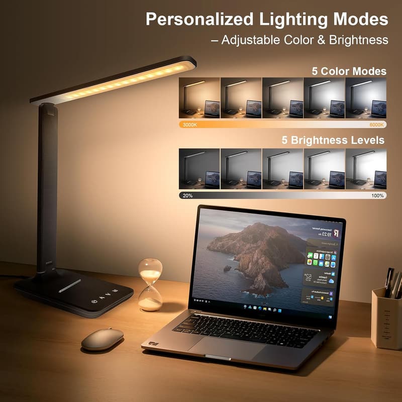 Adjustable Dimmable LED Desk Lamp with USB Charging - Black