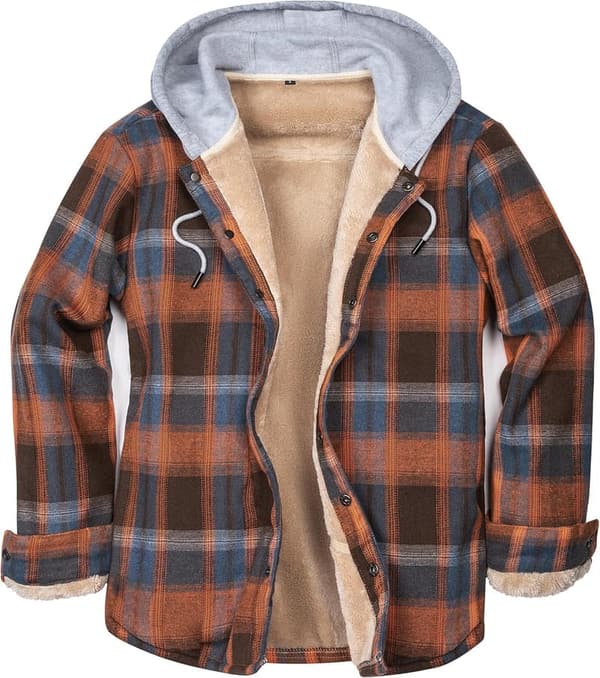 Men's Fleece-Lined Flannel Shirt Jacket with Hood