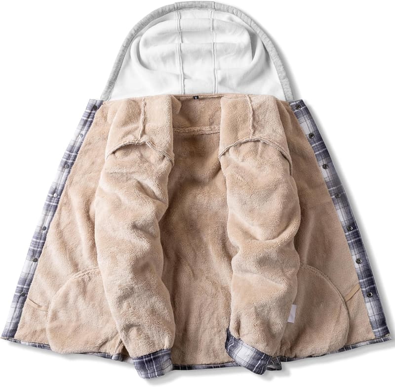 Men's Fleece-Lined Flannel Shirt Jacket with Hood