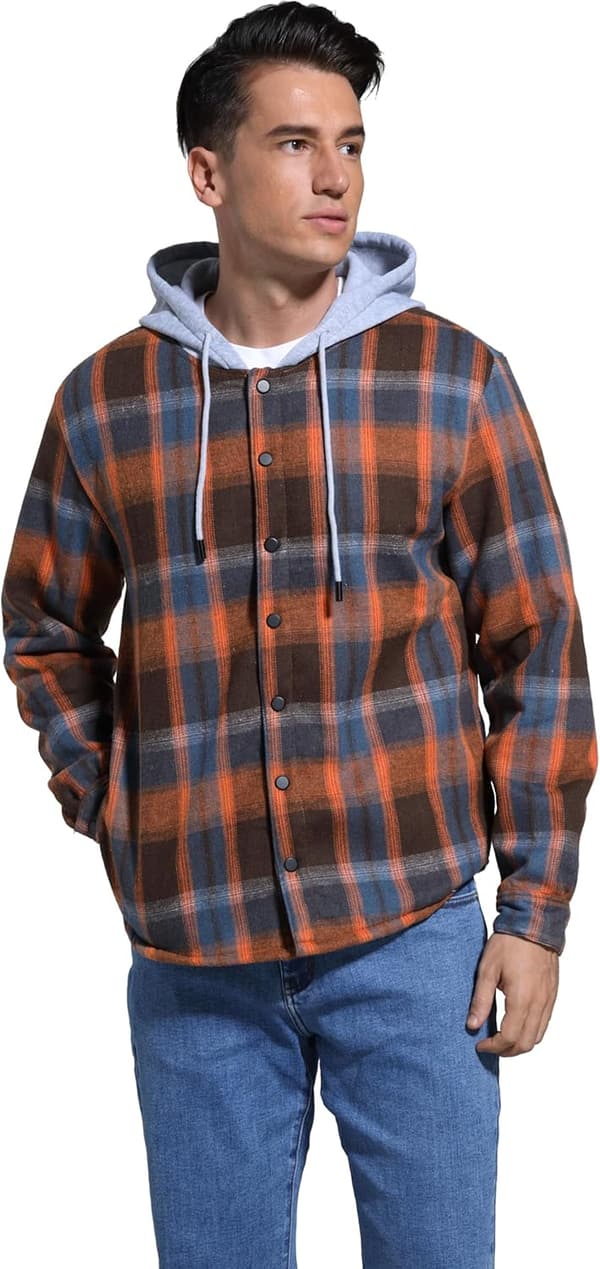 Men's Fleece-Lined Flannel Shirt Jacket with Hood