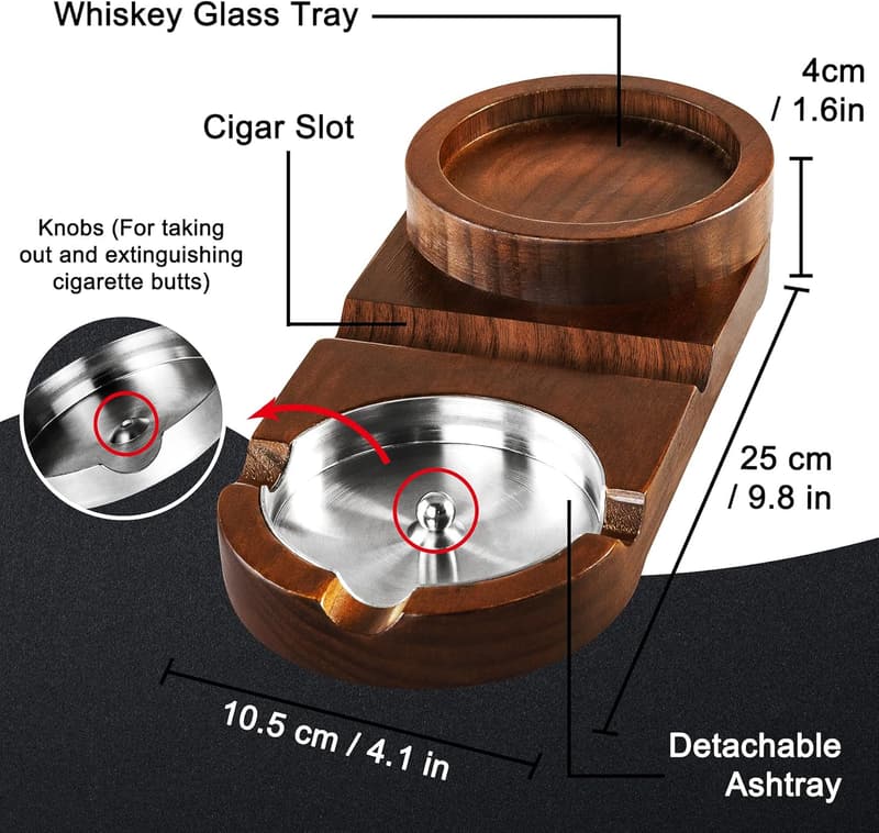 Wooden Cigar Ashtray & Whiskey Glass Tray - Cigar Gifts for Men