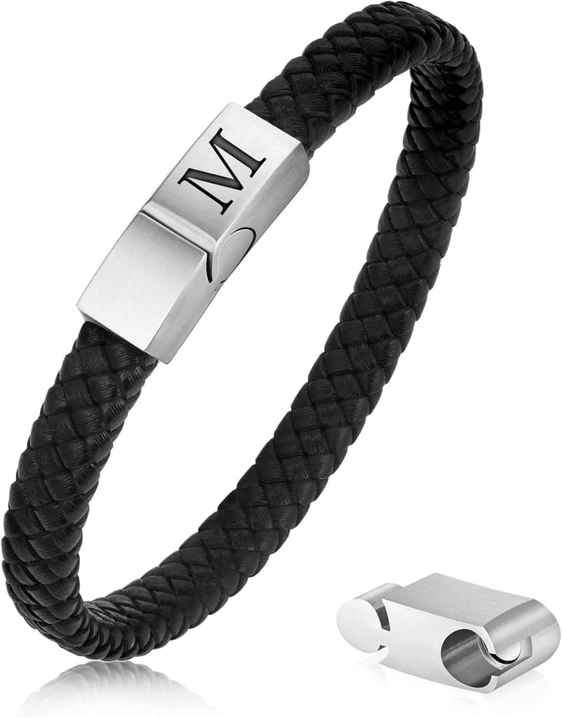 Men's Initial Leather Bracelet - Premium Genuine Leather, Adjustable
