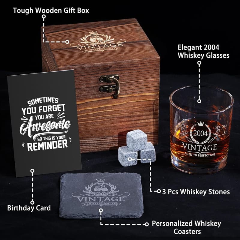 21st Birthday Whiskey Glass Set for Him - Gift Box Included
