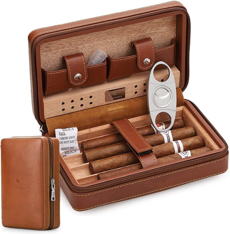 Groomsmen Gift: Leather 4-Finger Cigar Case with Cutter & Humidifier