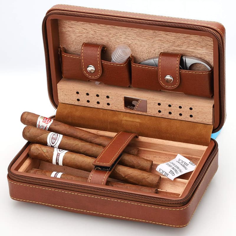 Groomsmen Gift: Leather 4-Finger Cigar Case with Cutter & Humidifier