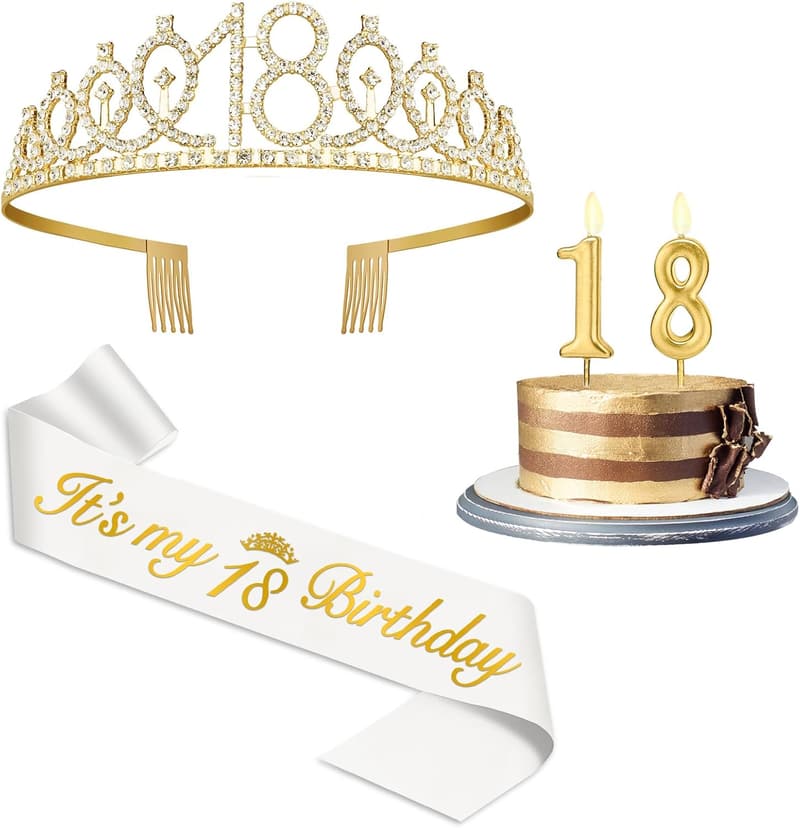 18th Birthday Decorations for Girls with Gold Tiara & Sash