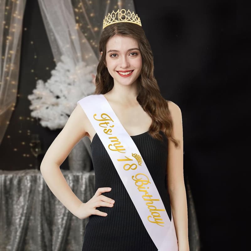 18th Birthday Decorations for Girls with Gold Tiara & Sash
