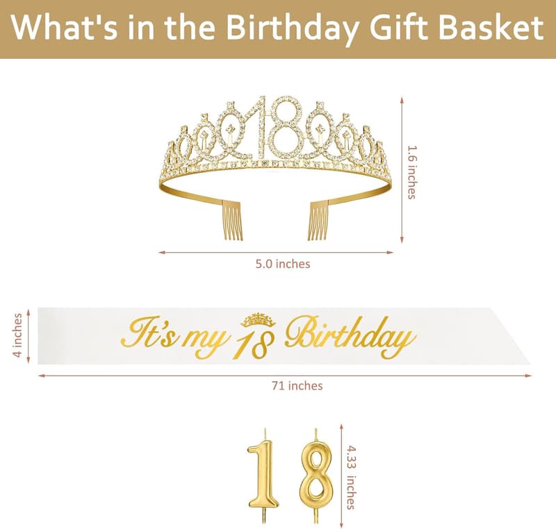 18th Birthday Decorations for Girls with Gold Tiara & Sash