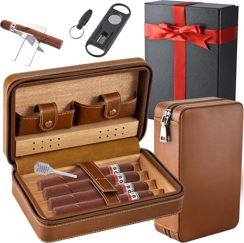 Portable Leather Cigar Humidor Set with V Cutter & Punch