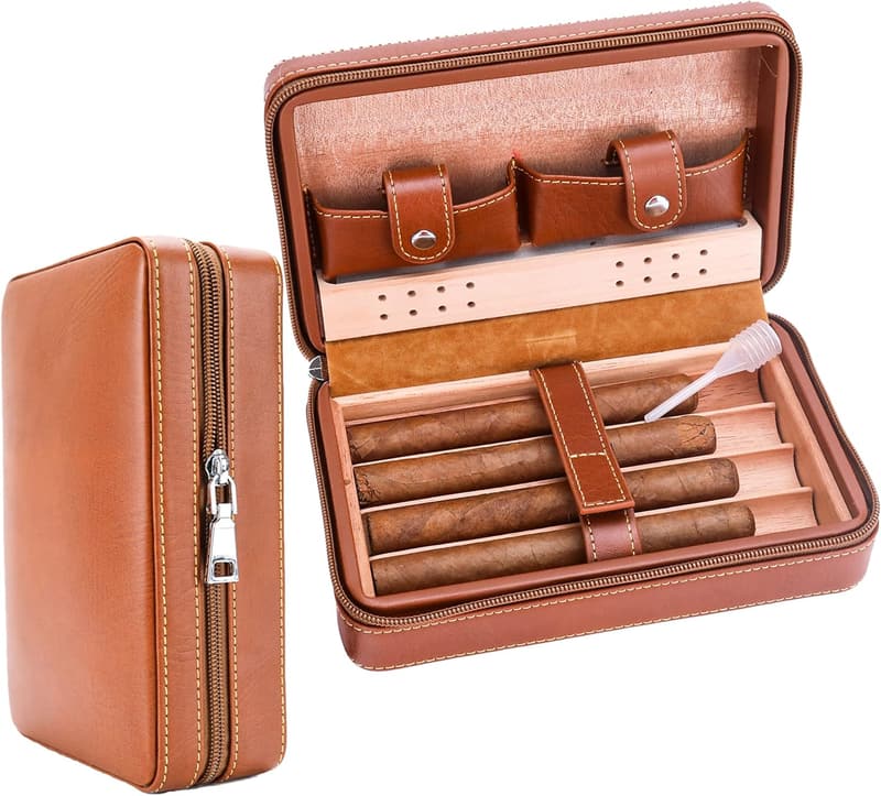 Portable Leather Cigar Humidor Set with V Cutter & Punch