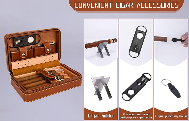 Portable Leather Cigar Humidor Set with V Cutter & Punch