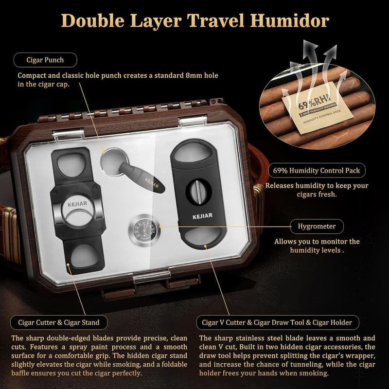 Travel Cigar Humidor Set with Cutters & Hygrometer for Men