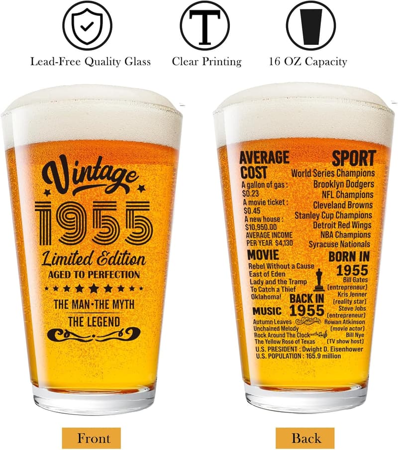 70th Birthday Vintage Beer Glass for Men
