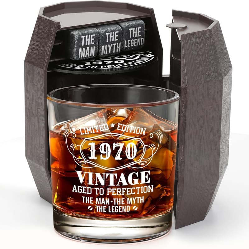 55th Birthday Whiskey Glass Set in Barrel Box for Men