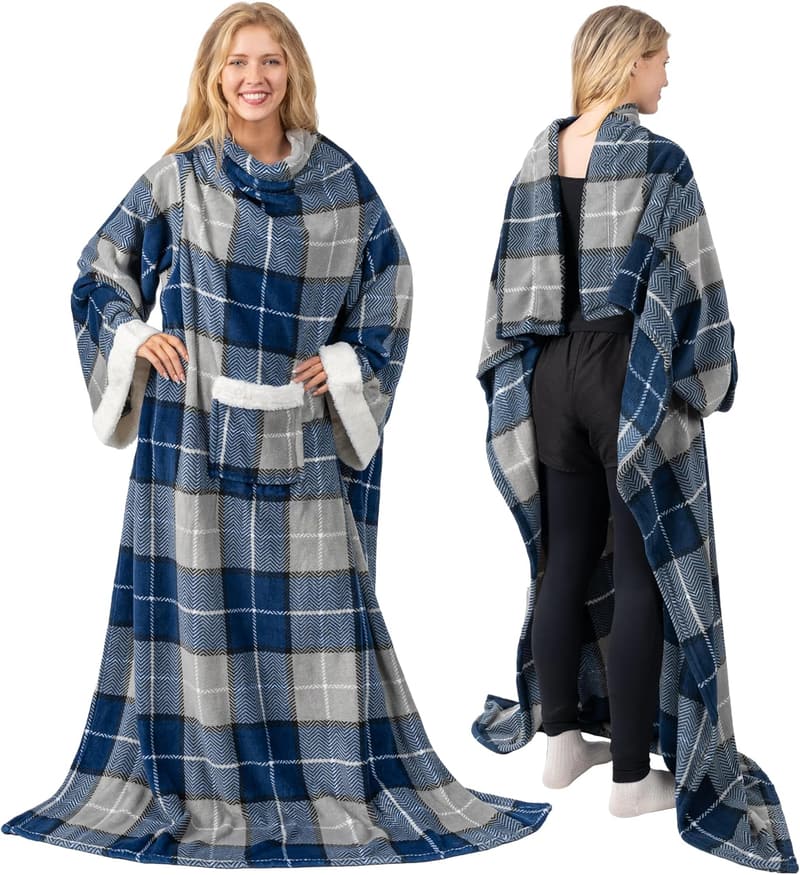 Cozy Wearable Fleece Blanket with Sleeves for Adults