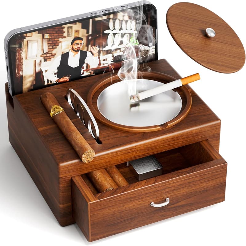 Wooden Cigar Ashtray Gift Set for Men - Indoor/Outdoor Use