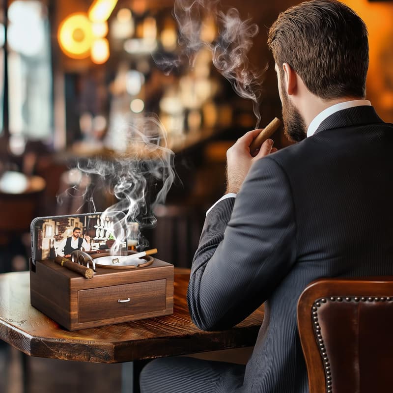 Wooden Cigar Ashtray Gift Set for Men - Indoor/Outdoor Use