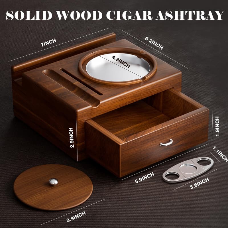 Wooden Cigar Ashtray Gift Set for Men - Indoor/Outdoor Use